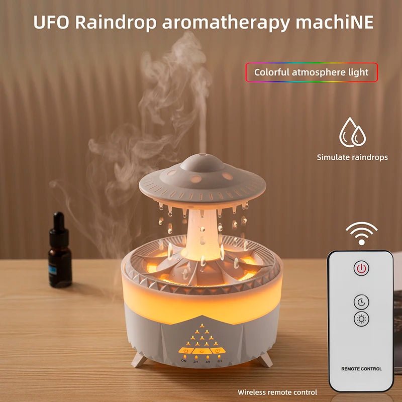 Humidificateur d'air aromatique 350 ml Mini USB avec télécommande, diffuseur d'huiles essentielles et lumière colorée effet goutte de pluie pour une ambiance relaxante. - Maison & Déco
