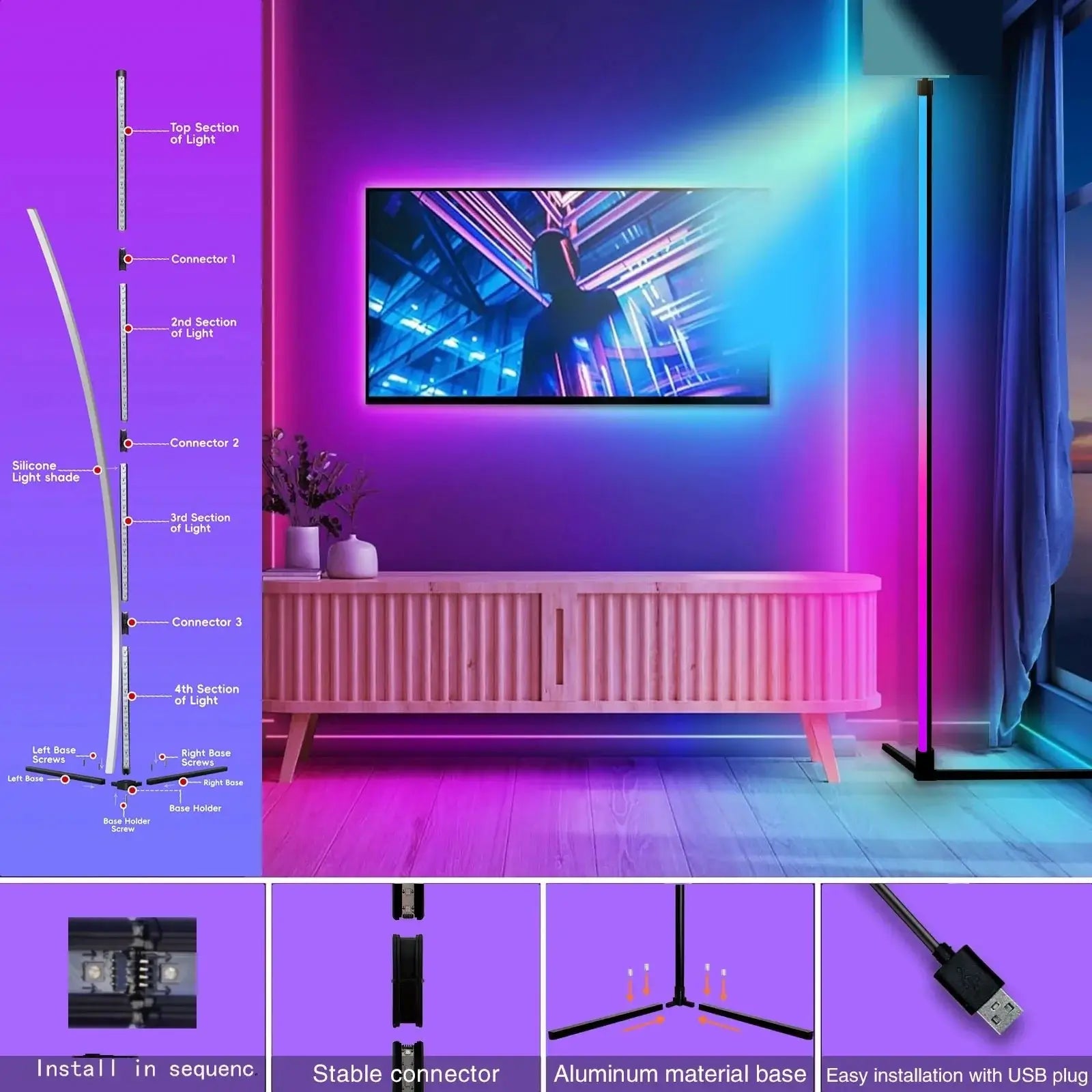 Lampadaire RGB Dream Color avec synchronisation musicale, lampe d'ambiance moderne sur pied à 16 millions de couleurs changeantes pour chambre ou salon. - Maison & Déco