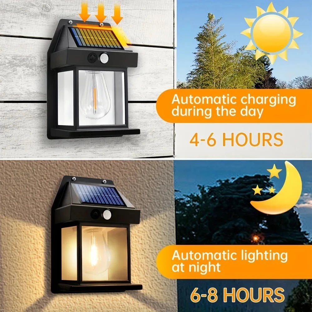 Lampe de nuit solaire en tungstène avec détecteur de mouvement intelligent, applique murale, 3 modes d'éclairage, étanche, lanterne décorative pour cour et jardin - Maison & Déco