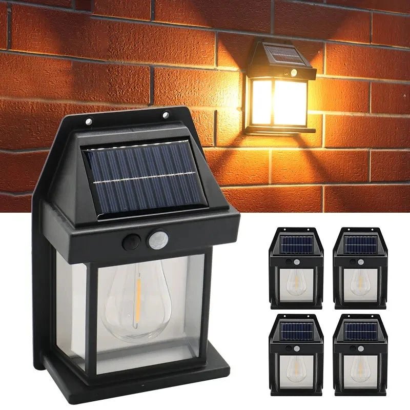 Lampe de nuit solaire en tungstène avec détecteur de mouvement intelligent, applique murale, 3 modes d'éclairage, étanche, lanterne décorative pour cour et jardin - Maison & Déco