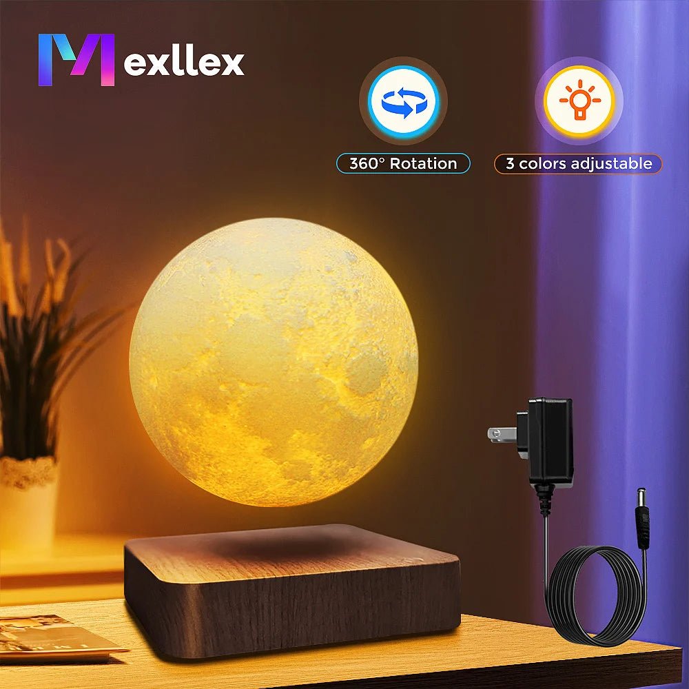Veilleuse magnétique flottante en forme de lune, 3 températures de couleur, lampe de table LED 3D créative avec socle en bois, idéale comme cadeau ou pour le bureau. - Maison & Déco